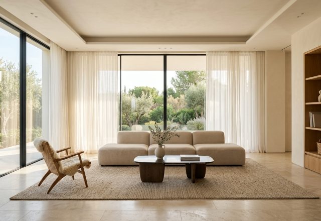 A sun-drenched minimalist living room featuring a low-profile beige sofa and a single large window.