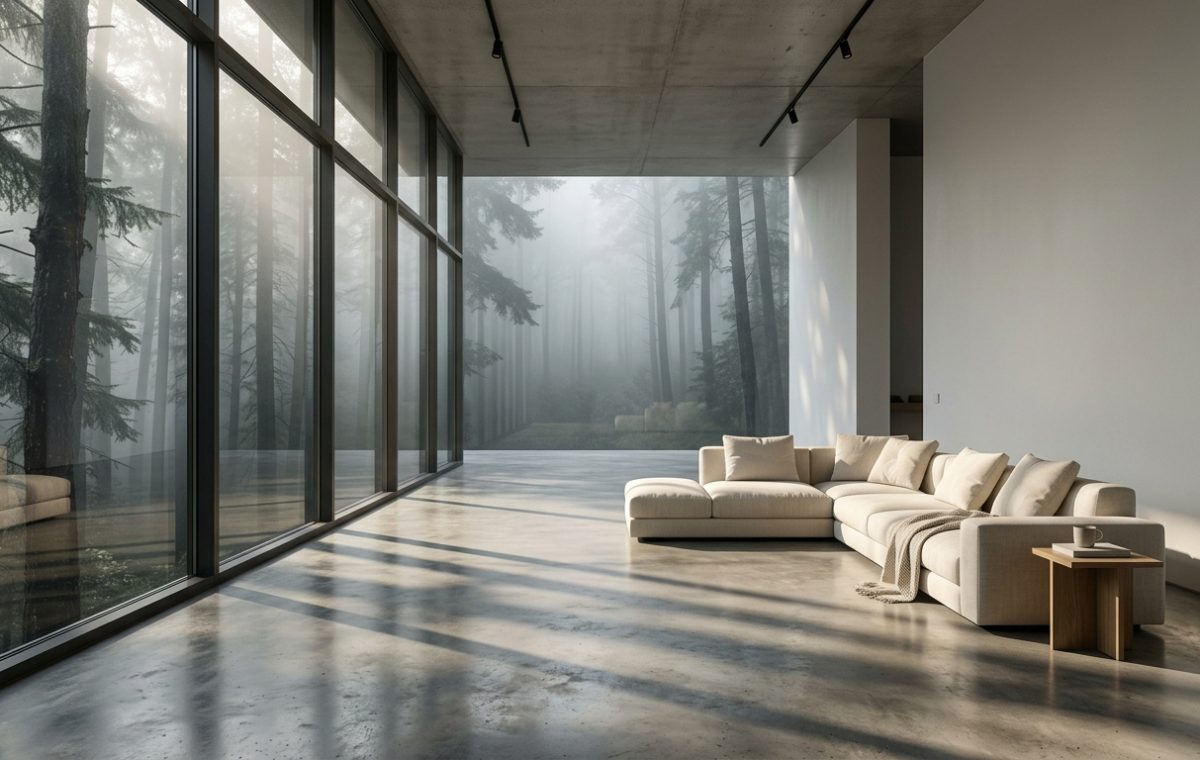 Sun-drenched minimalist living room with a low beige sofa and limestone walls showing modern minimalist interior design.