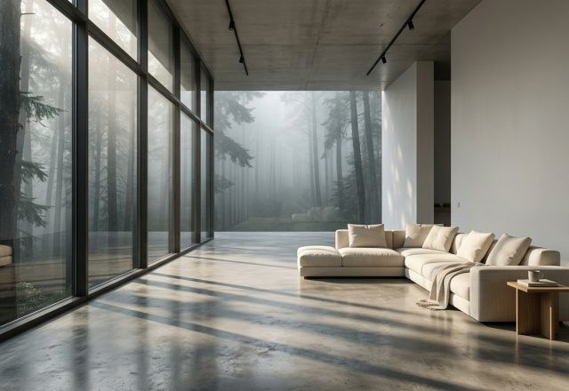 Sun-drenched minimalist living room with a low beige sofa and limestone walls showing modern minimalist interior design.