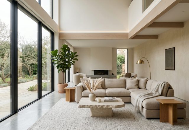 Sleek modern minimalist living room with floor-to-ceiling windows and neutral tones.