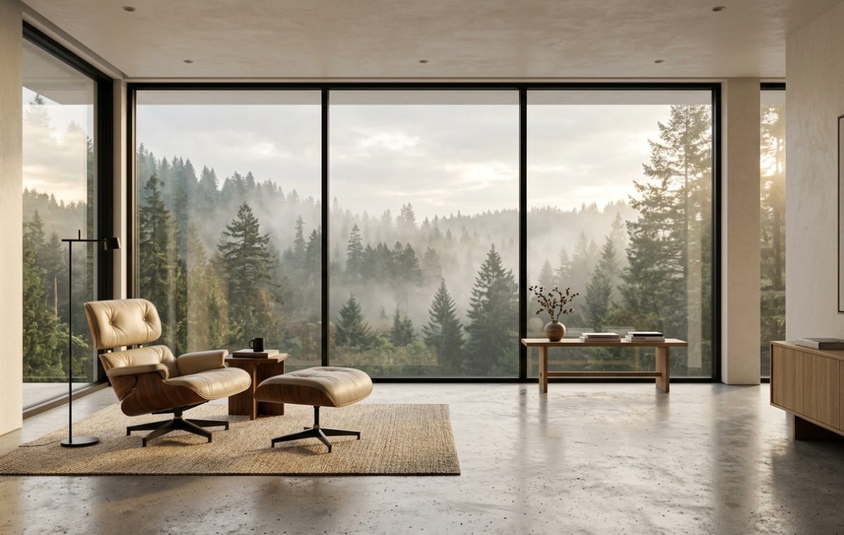 Sun-drenched modern minimalist interior design living room with a single lounge chair and large windows.