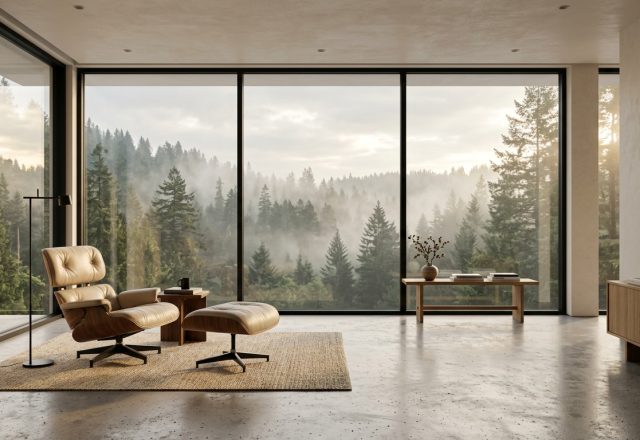 Sun-drenched modern minimalist interior design living room with a single lounge chair and large windows.