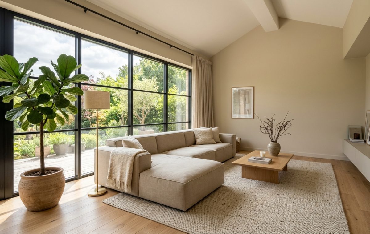 Sunlit modern minimalist interior design living room with a neutral palette and oak furniture.