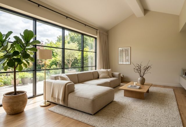 Sunlit modern minimalist interior design living room with a neutral palette and oak furniture.