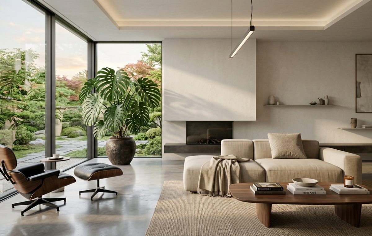 Modern minimalist interior design featuring a sleek low-profile sofa and large floor-to-ceiling windows.