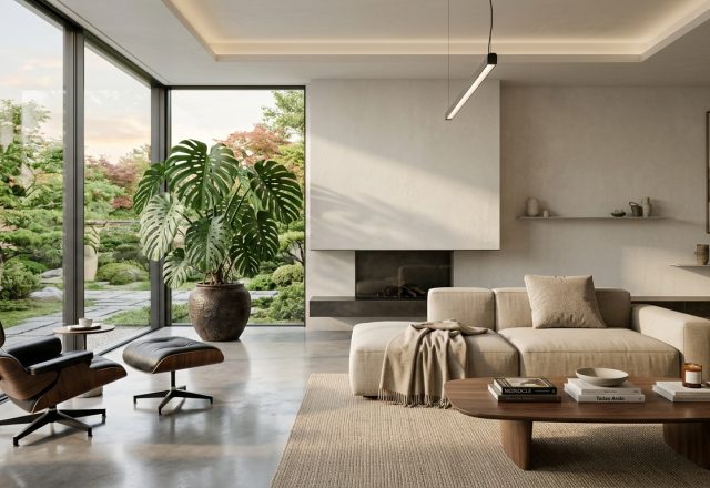 Modern minimalist interior design featuring a sleek low-profile sofa and large floor-to-ceiling windows.