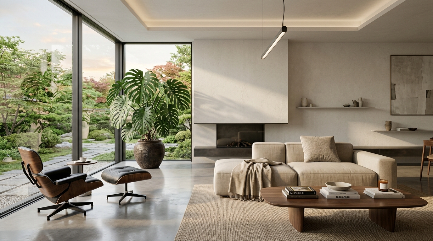 Modern minimalist interior design featuring a sleek low-profile sofa and large floor-to-ceiling windows. Modern minimalist interior design featuring a sleek low-profile sofa and large floor-to-ceiling windows.