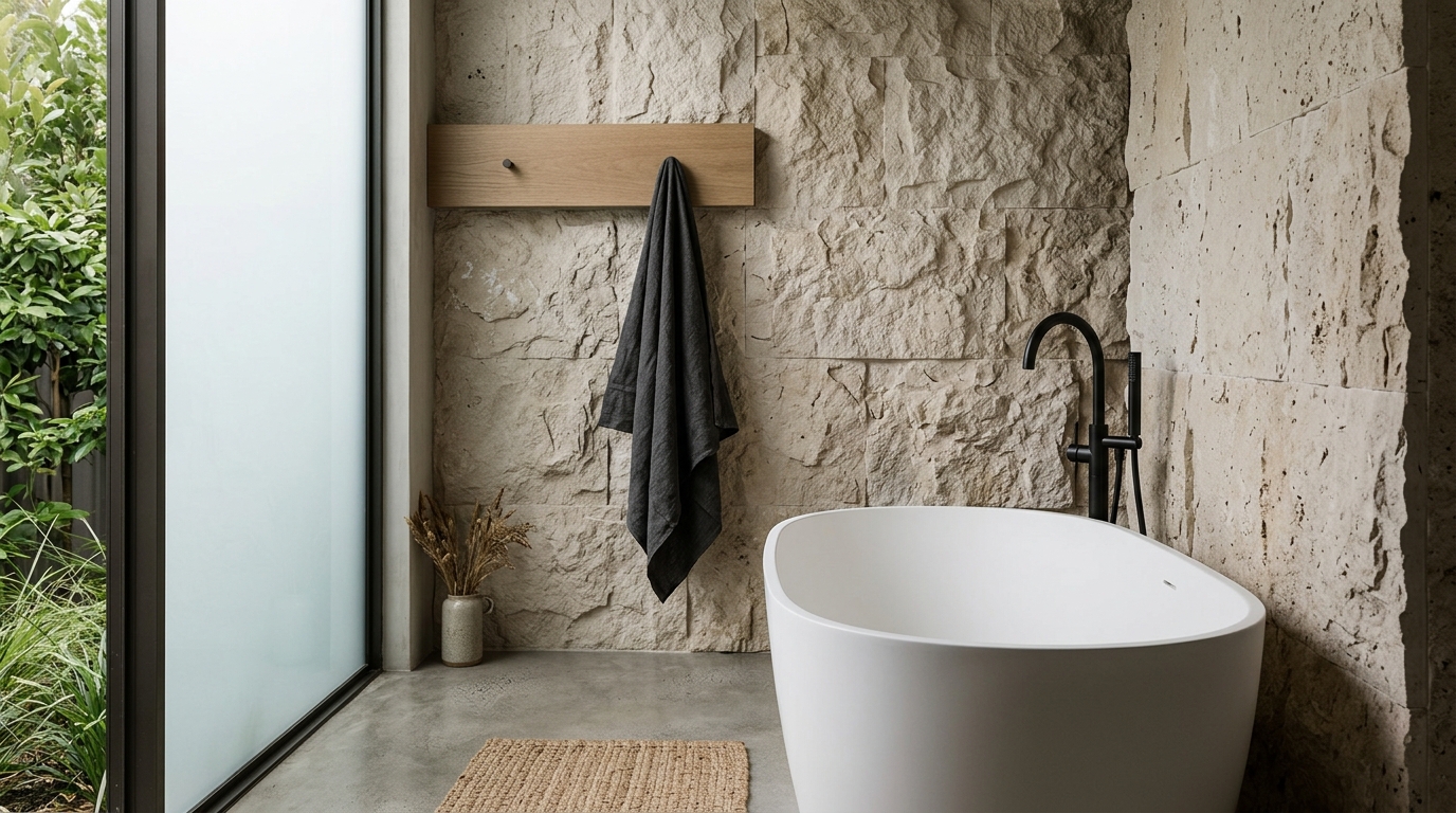 Detail of a minimalist bathroom with stone textures and a clean, clutter-free vanity.