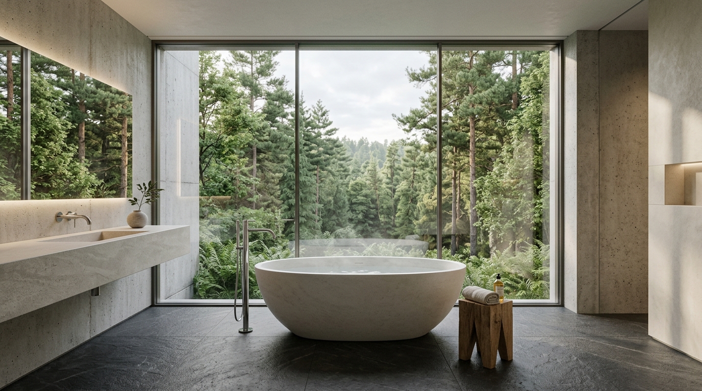 Minimalist bathroom with a stone soaking tub and clean lines for a spa-like atmosphere. Minimalist bathroom with a stone soaking tub and clean lines for a spa-like atmosphere.