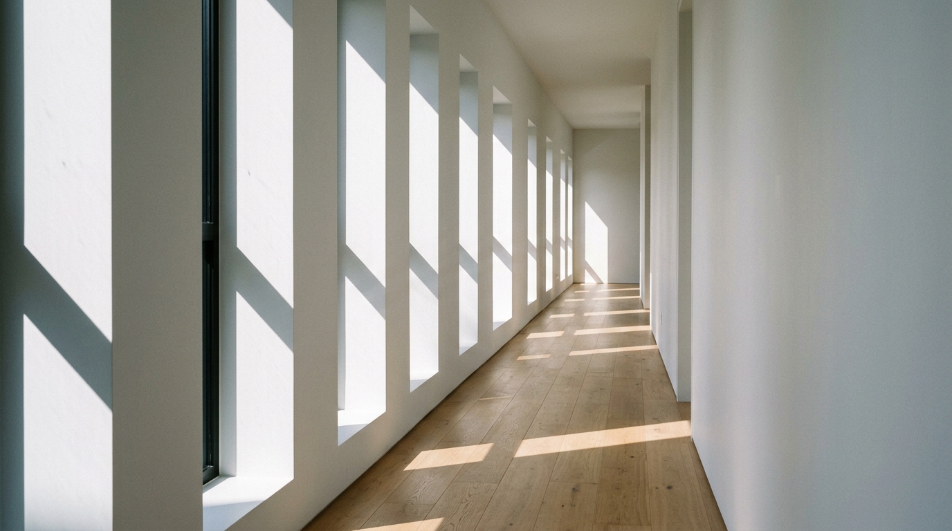 A minimalist entryway with a simple bench and a round mirror reflecting natural light.