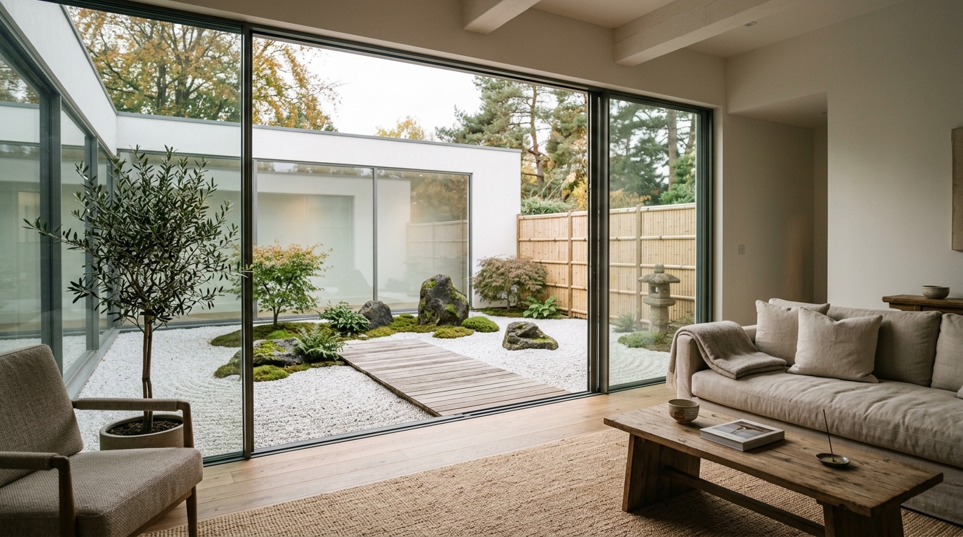 A large open-plan living area with modern minimalist interior design and polished concrete floors.