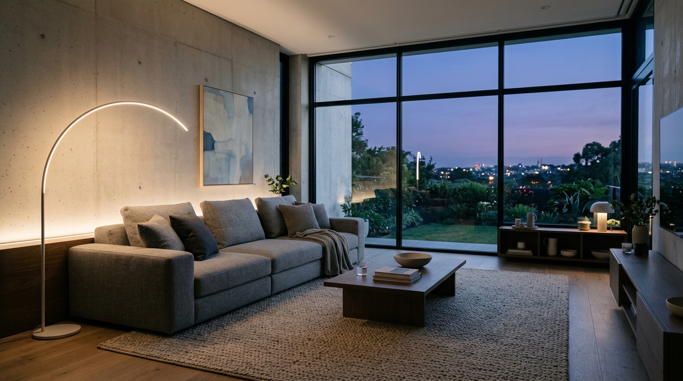 Modern minimalist interior design staircase with floating oak treads and glass railings.