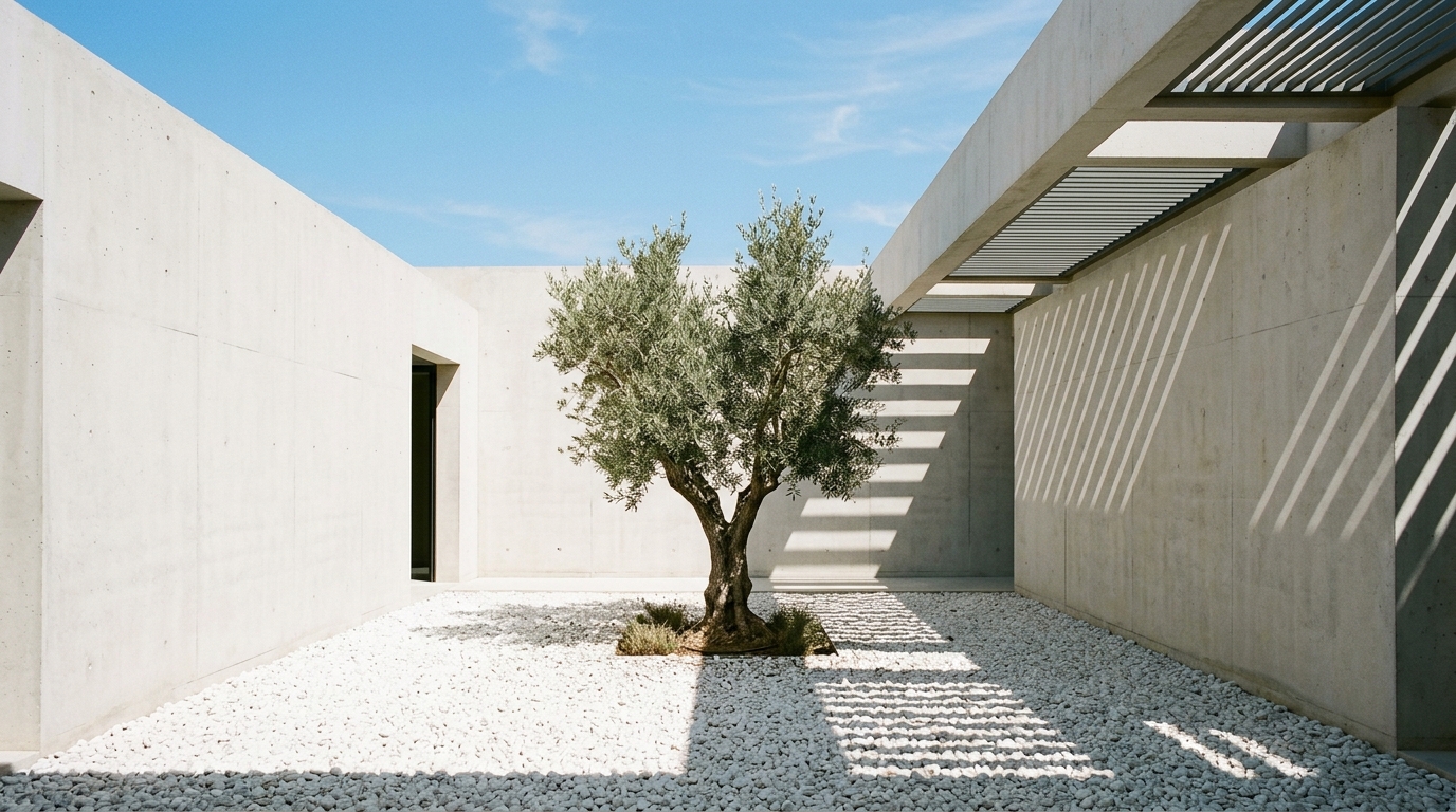 Outdoor minimalist patio featuring a single bonsai tree and gray stone pavers.