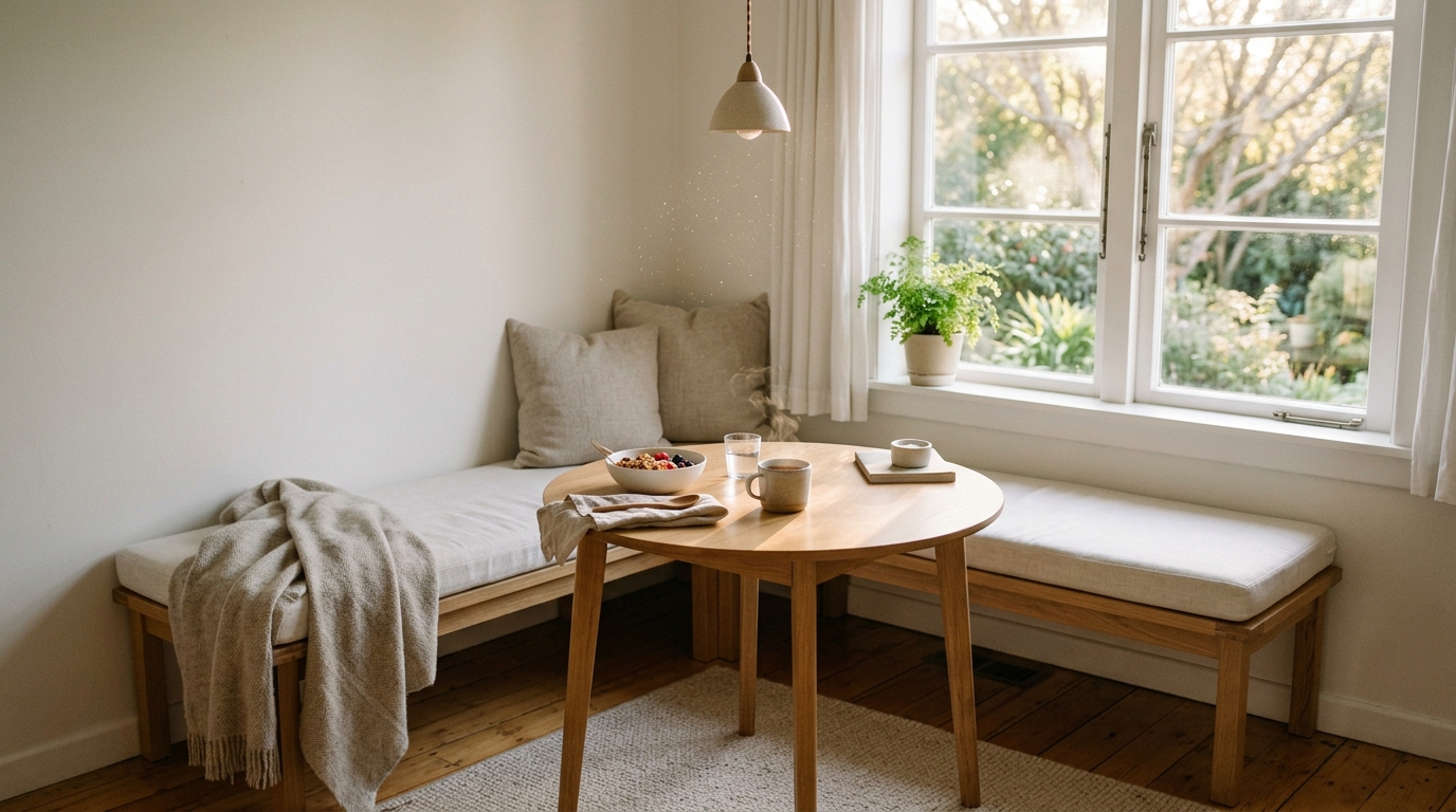 A minimalist outdoor patio with simple furniture and a focus on the surrounding nature.