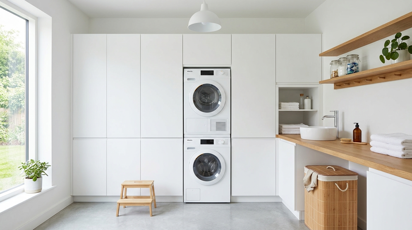 Detail of a minimalist kitchen with hidden appliances and clean surfaces.
