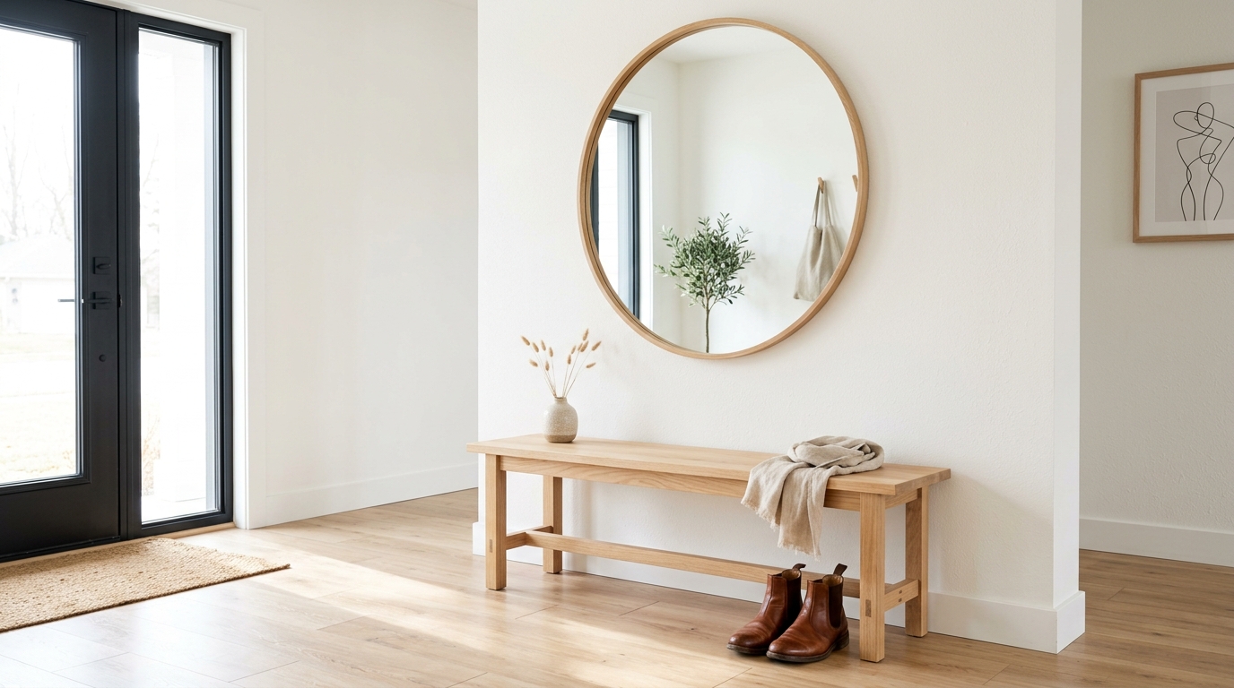 A minimalist entryway with a simple bench and no clutter, creating a sense of calm. A minimalist entryway with a simple bench and no clutter, creating a sense of calm.