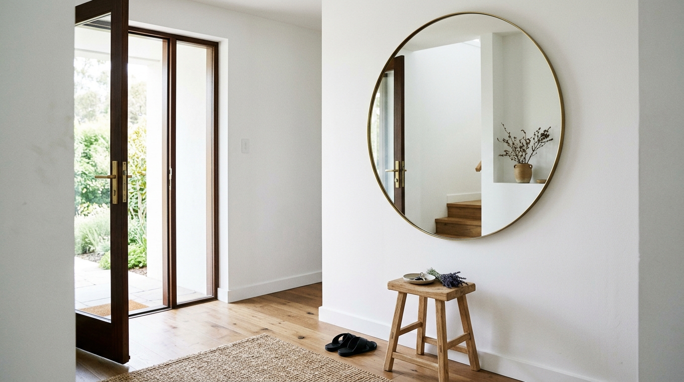 A peaceful minimalist courtyard garden viewed through a large glass door.