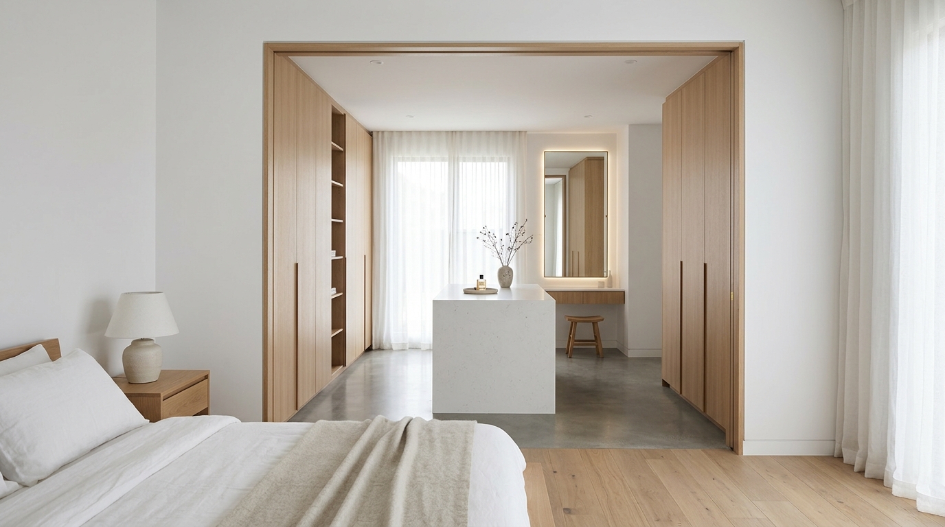 Soft morning light hitting a minimalist fireplace with no mantel clutter.