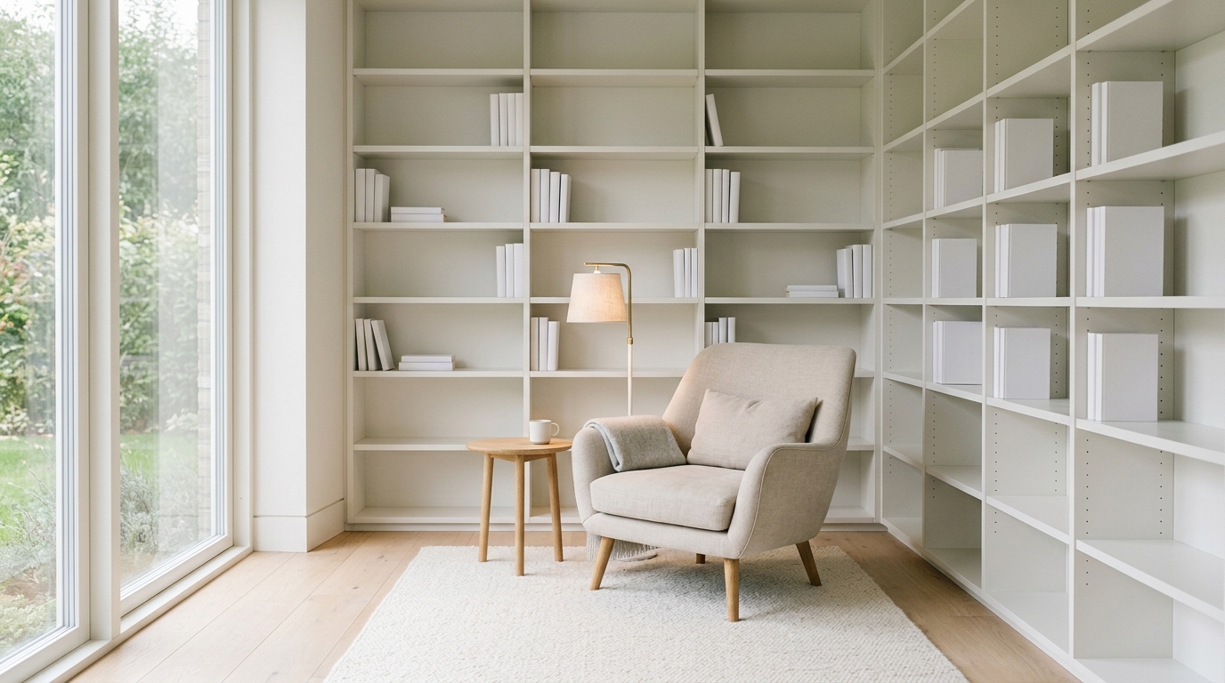 Spacious minimalist gallery room with one large abstract painting.
