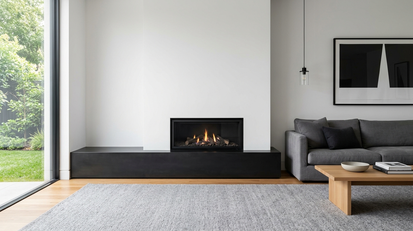 Minimalist art gallery style living room with one large statement painting on a white wall. Minimalist art gallery style living room with one large statement painting on a white wall.