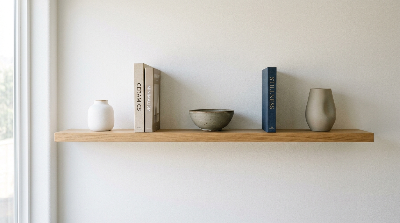 High-end minimalist library with a few carefully curated books on floating shelves.