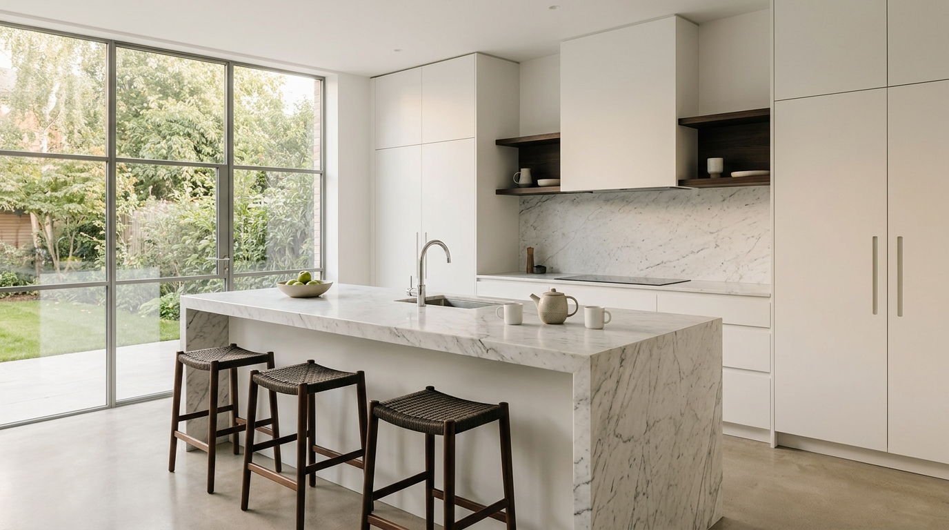 Close-up of natural textures in a minimalist home featuring oak wood and raw linen.