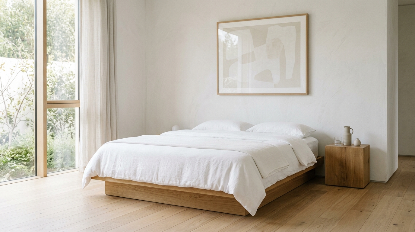Minimalist bedroom with clean lines, white bedding, and large windows for natural light.