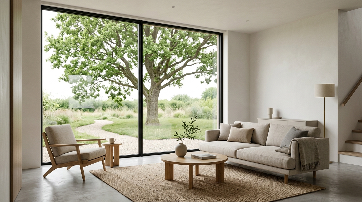 A wide shot of a house interior demonstrating the psychological calm of modern minimalist interior design.