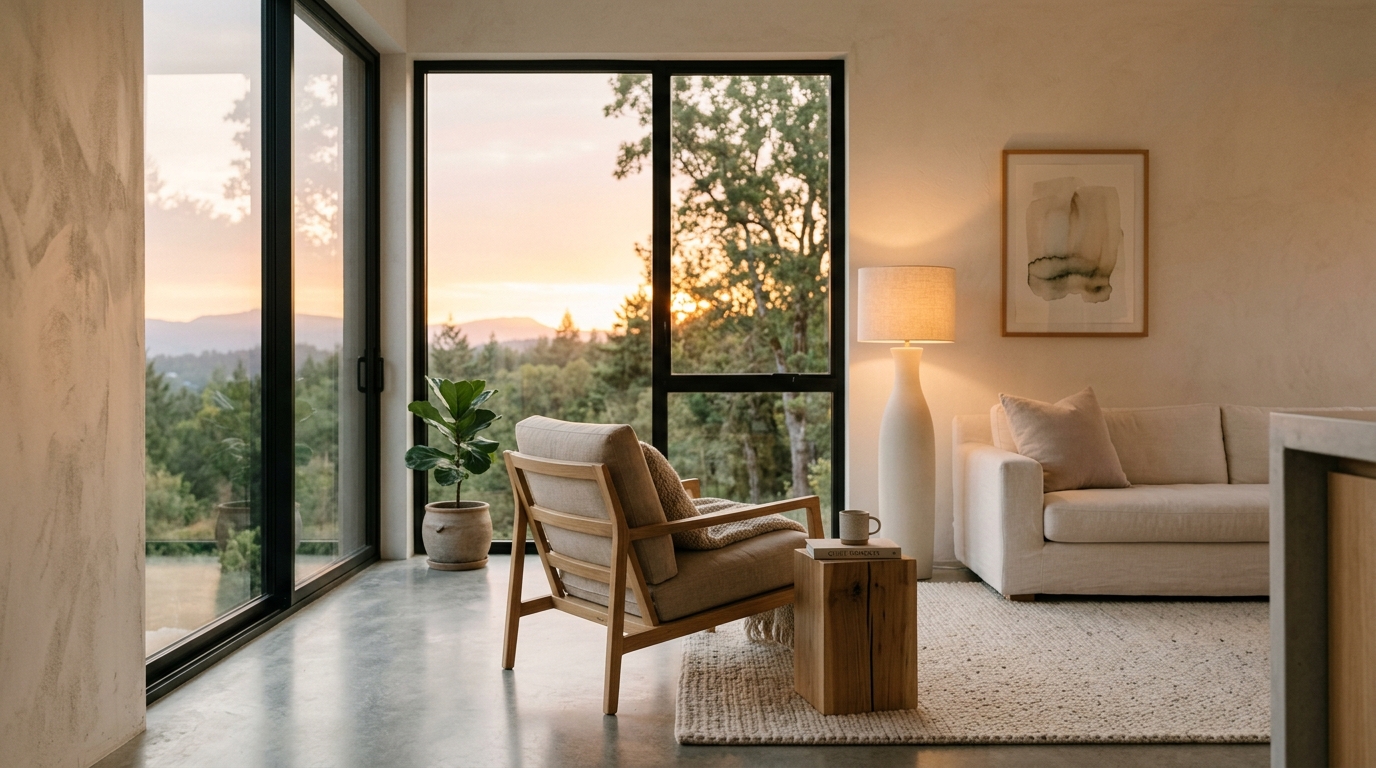 Wide angle shot of a minimalist penthouse showing open floor plans and mental clarity. Wide angle shot of a minimalist penthouse showing open floor plans and mental clarity.
