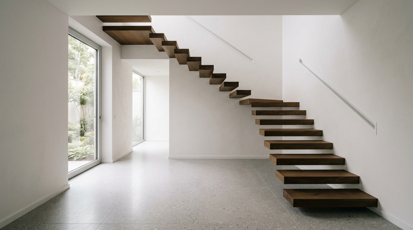 Empty architectural space under a modern staircase showing the beauty of negative space.