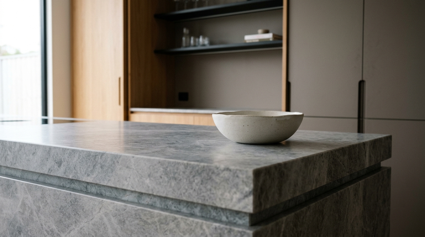 Close-up of a single ceramic vase on a stone countertop in a minimalist kitchen.