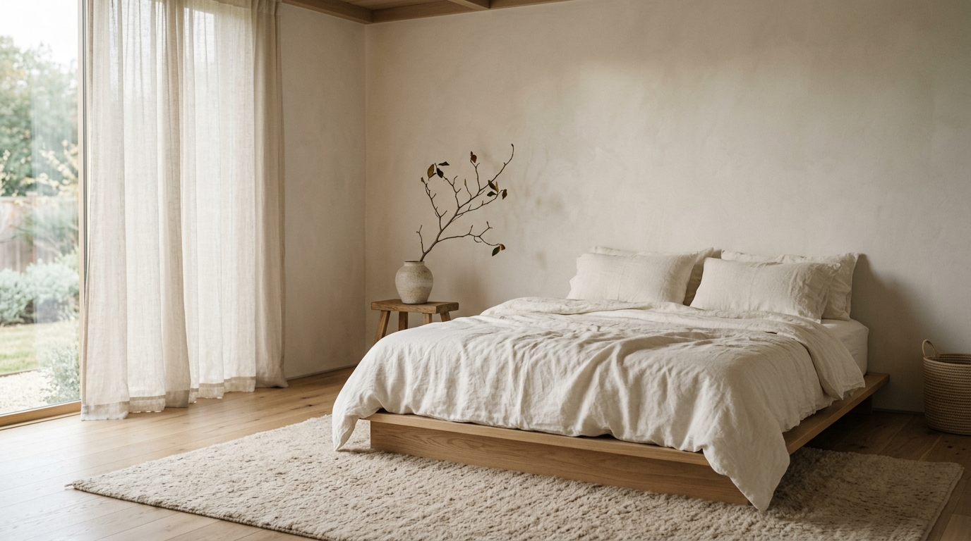 Minimalist bedroom with soft linen bedding, neutral tones, and a lack of visual clutter.