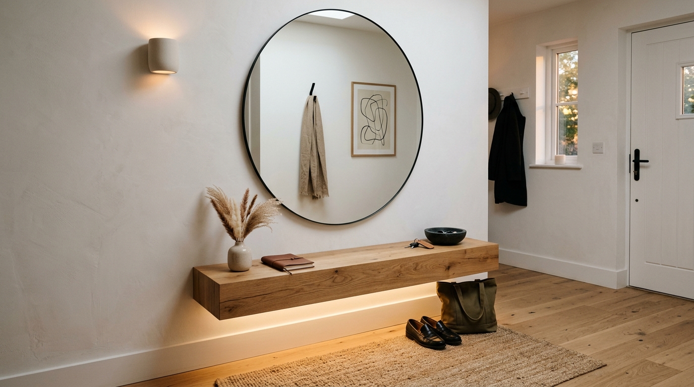 Empty white hallway with dramatic shadows showing the beauty of modern minimalist interior design.