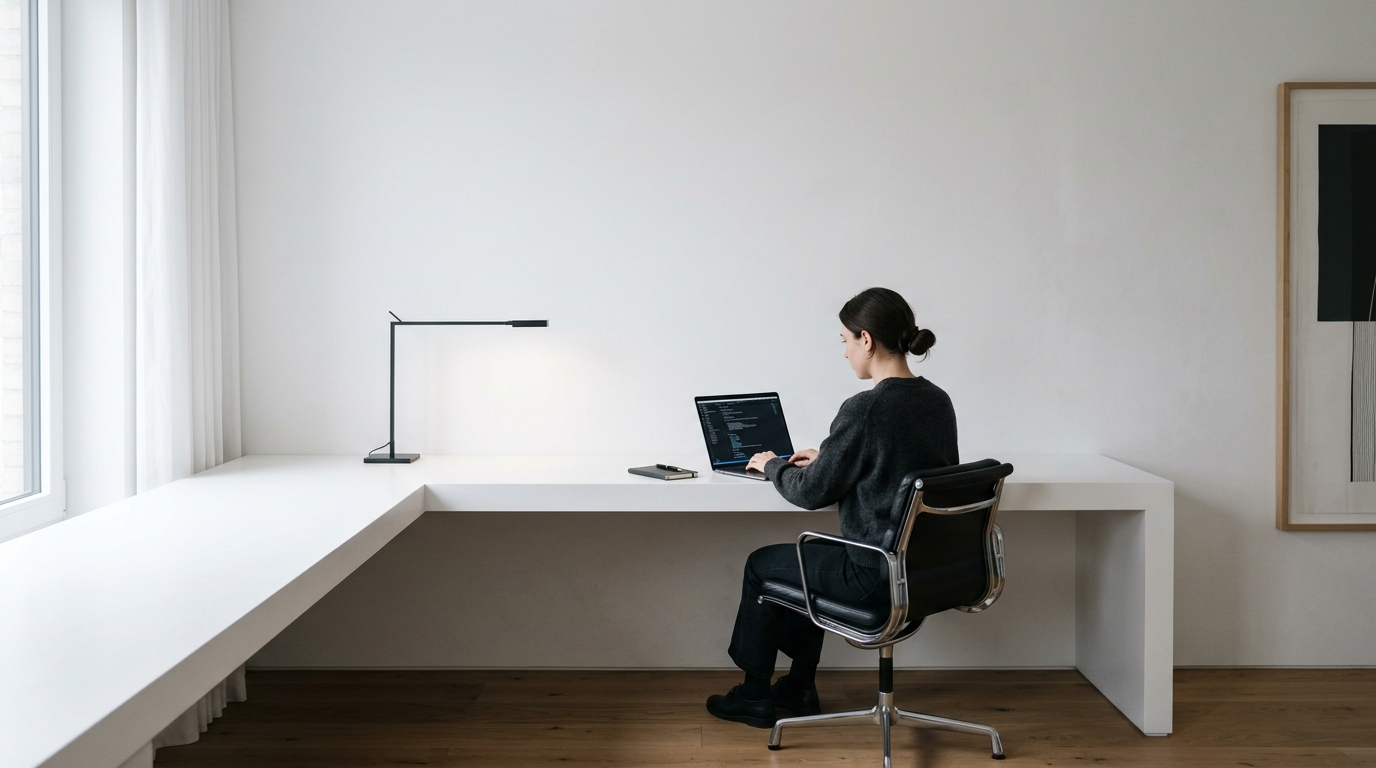 A serene home office with a clean white desk, one lamp, and an empty wall for focus.