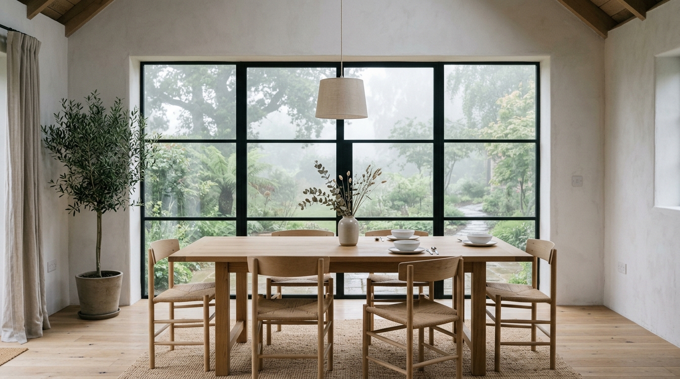 Modern minimalist interior design featuring natural light filtering through sheer curtains.