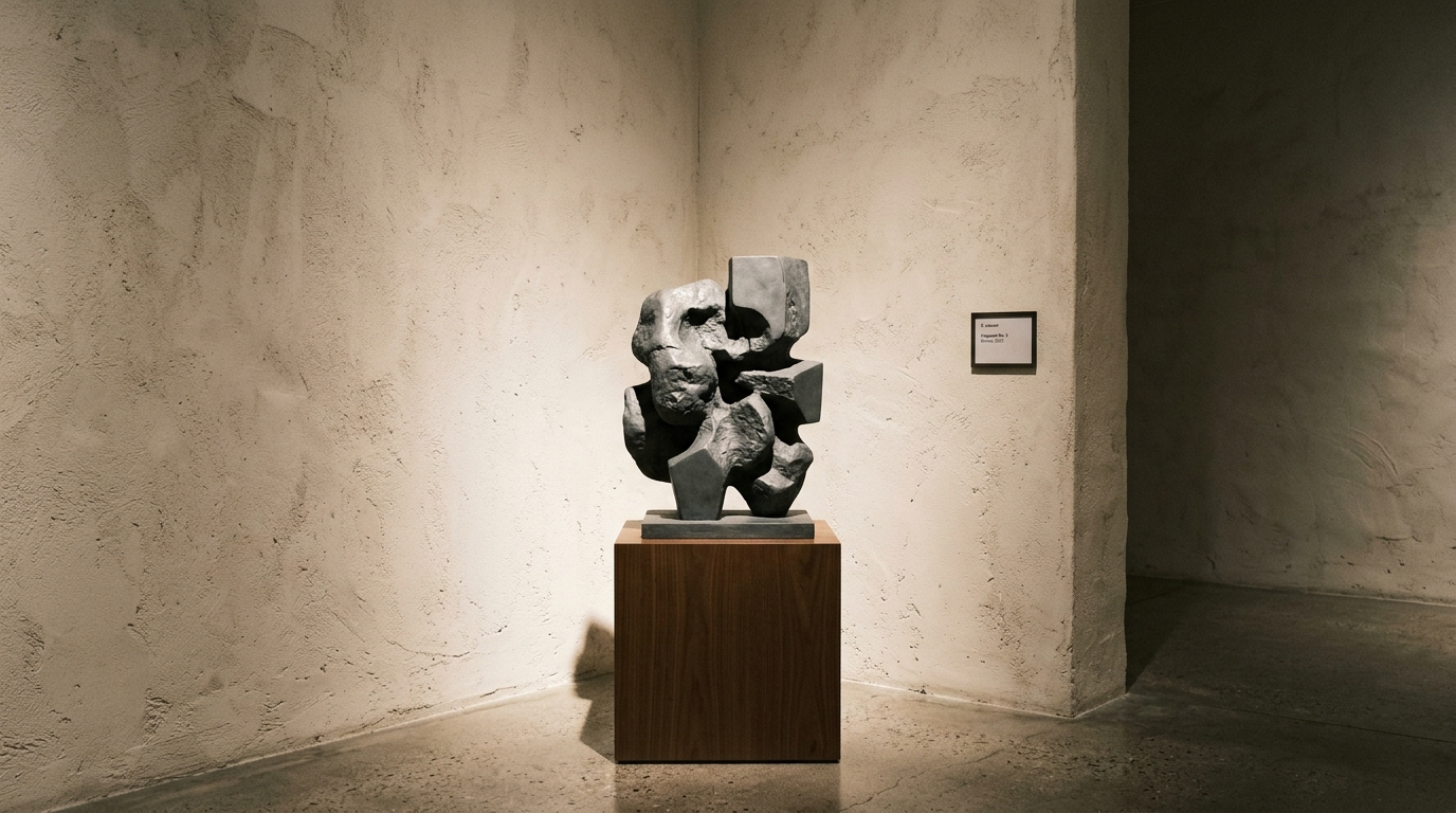 Zen-inspired entryway with a single stone bench and soft overhead lighting.