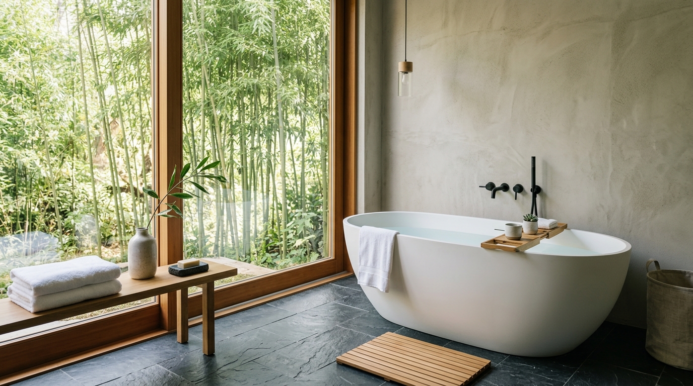 Zen-inspired minimalist home office with a simple wooden desk and ergonomic chair.