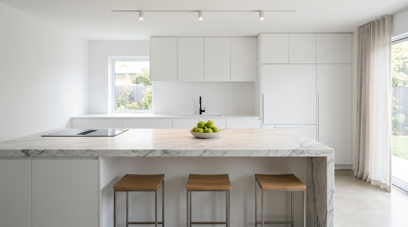 A wide-angle shot of a minimalist kitchen with hidden storage and marble surfaces.