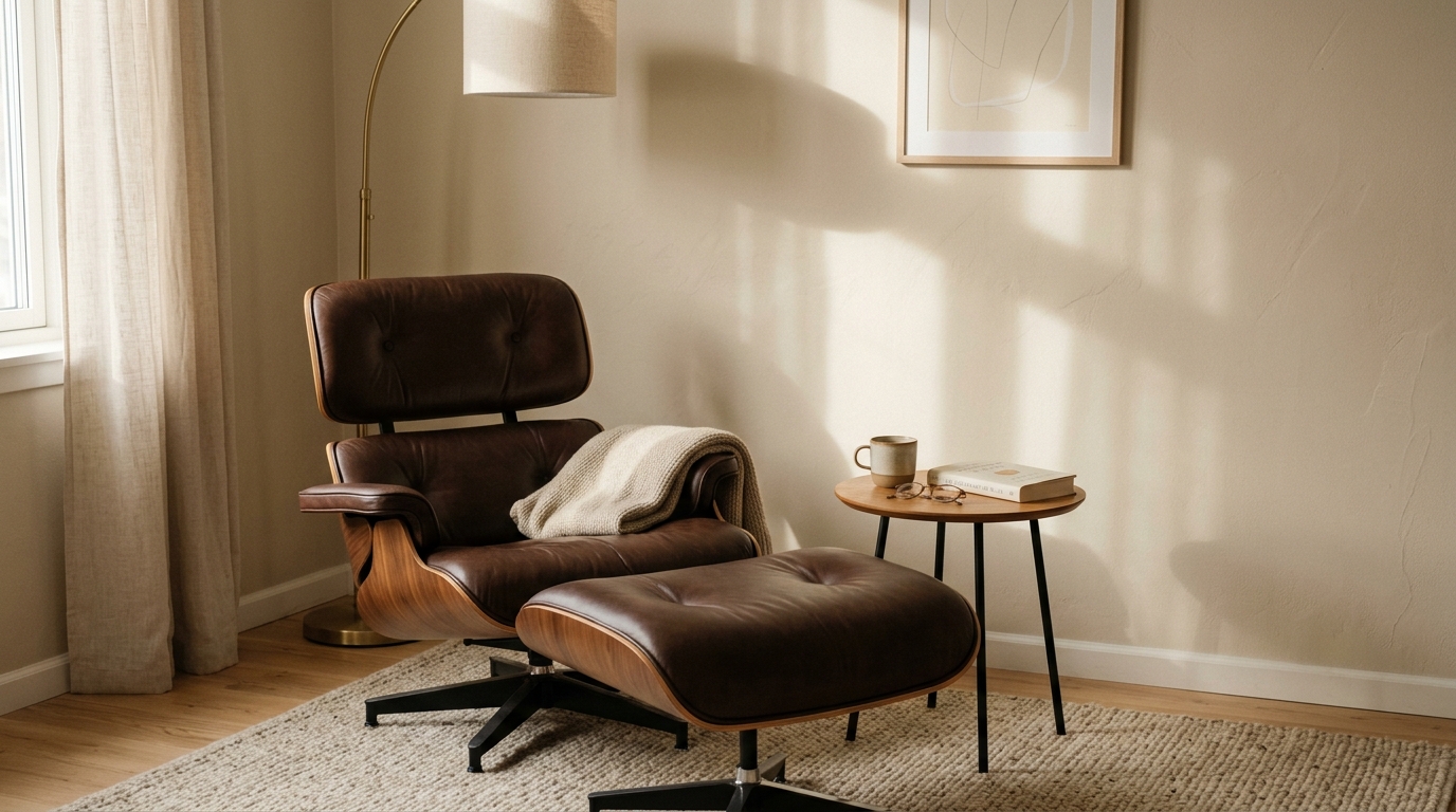 A minimalist reading nook with one comfortable chair and a small stack of books on a wooden floor.
