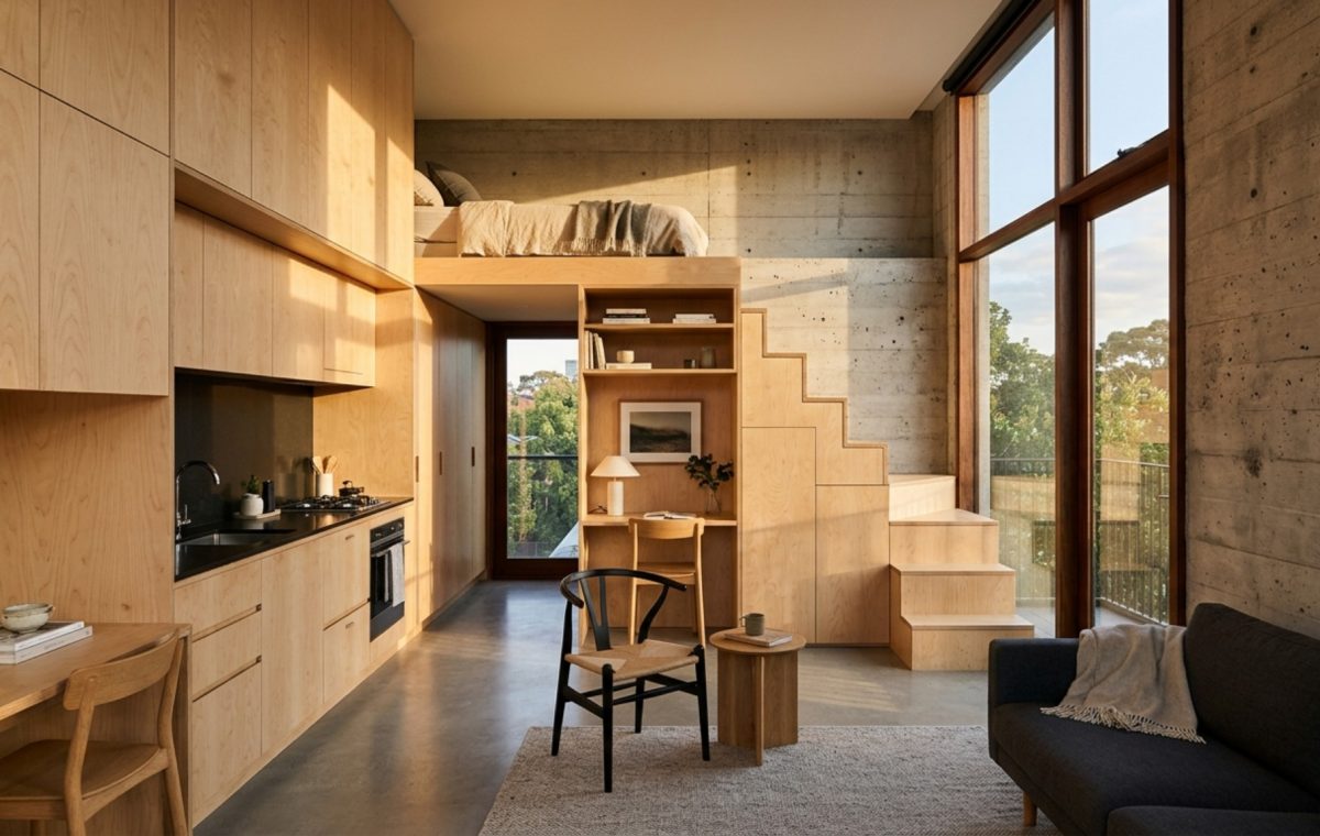 A wide-angle shot of a micro-apartment featuring raw concrete walls and custom birch plywood cabinetry, emphasizing a 300 sq ft apartment furniture layout with high-CRI 2700K lighting.