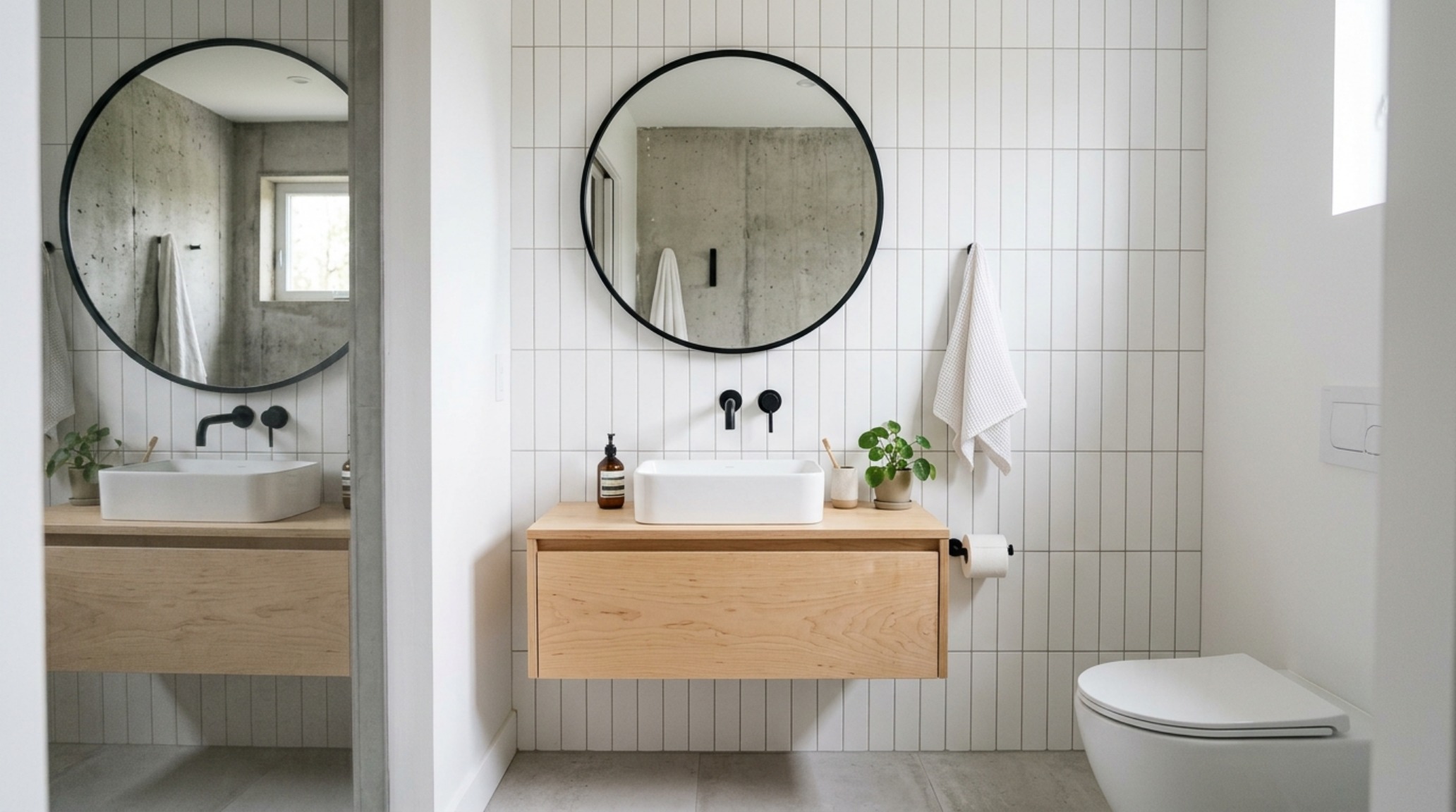 Sleek bathroom interior with vertical white stack-bond tiles, a floating timber vanity, and matte black fixtures for a high-end architectural feel.
