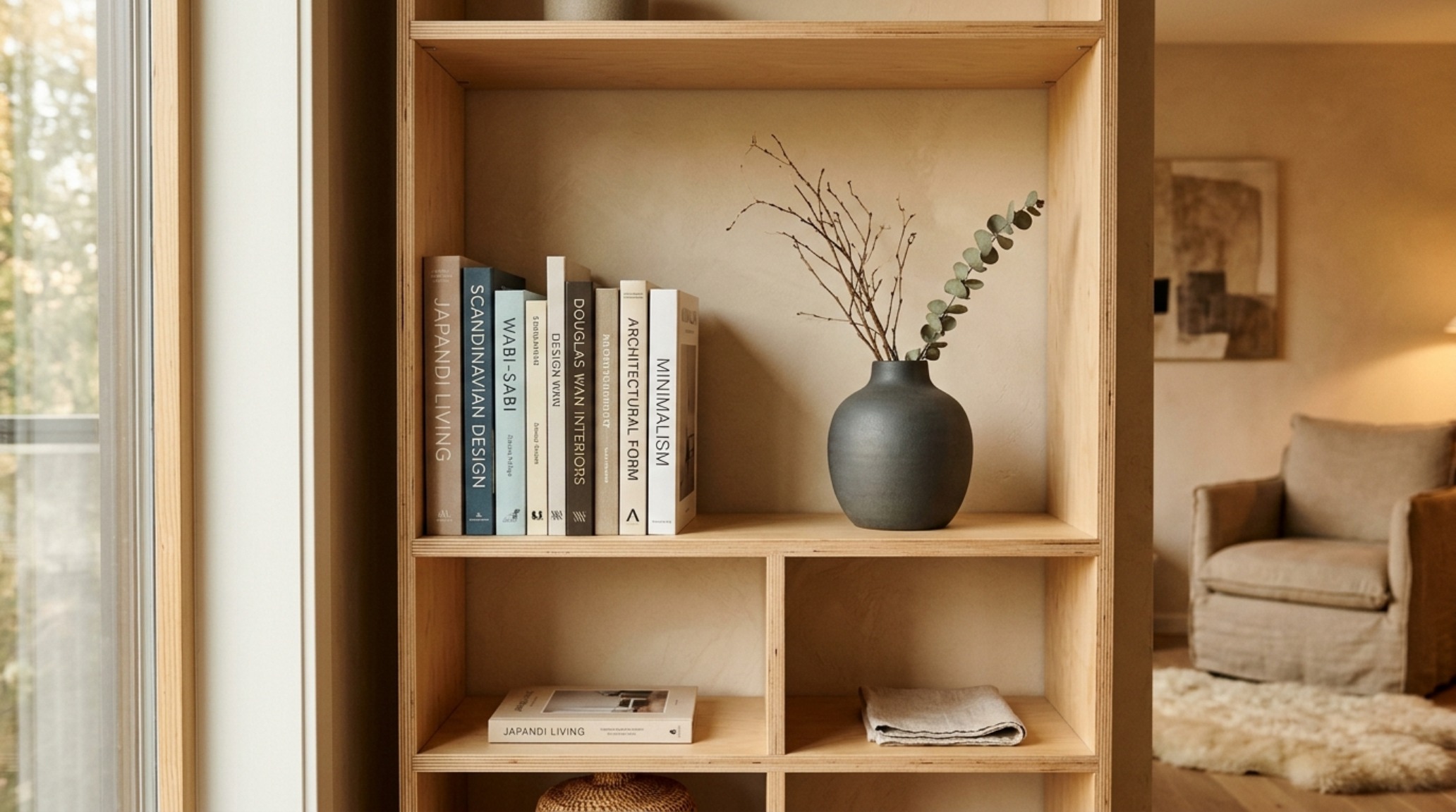 A curated shelf in a micro-apartment displaying architectural books and a single sculptural vessel against a backdrop of pale birch plywood.