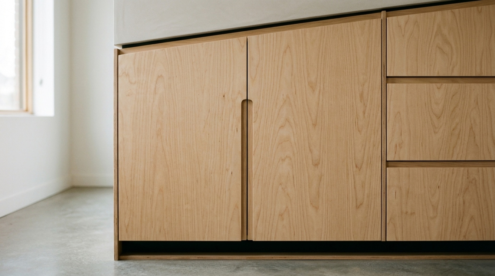Close-up of bespoke birch plywood joinery in a small kitchen, showing shadow gap details and finger-pull handles, inspired by douglas wan cairo building melbourne tour.