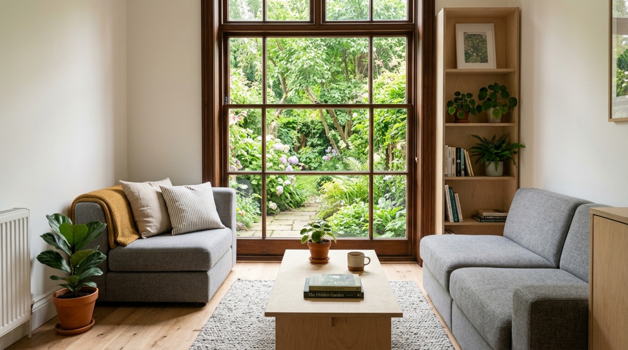 A bright urban living area showing the connection between indoor birch plywood interiors and outdoor greenery through large heritage windows.