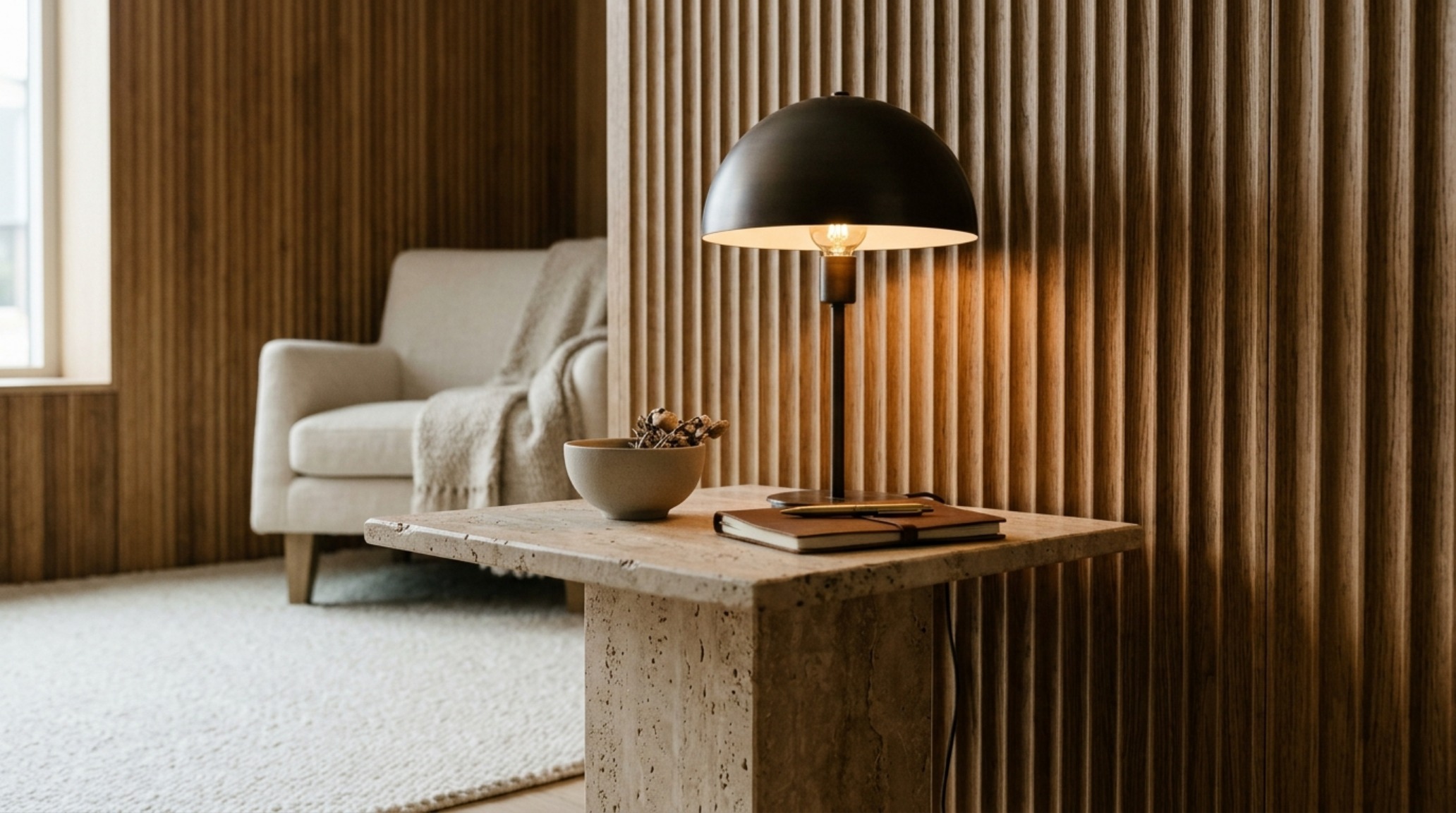 Architectural detail of fluted wood panels and a honed travertine side table in a quiet luxury minimalist living room.