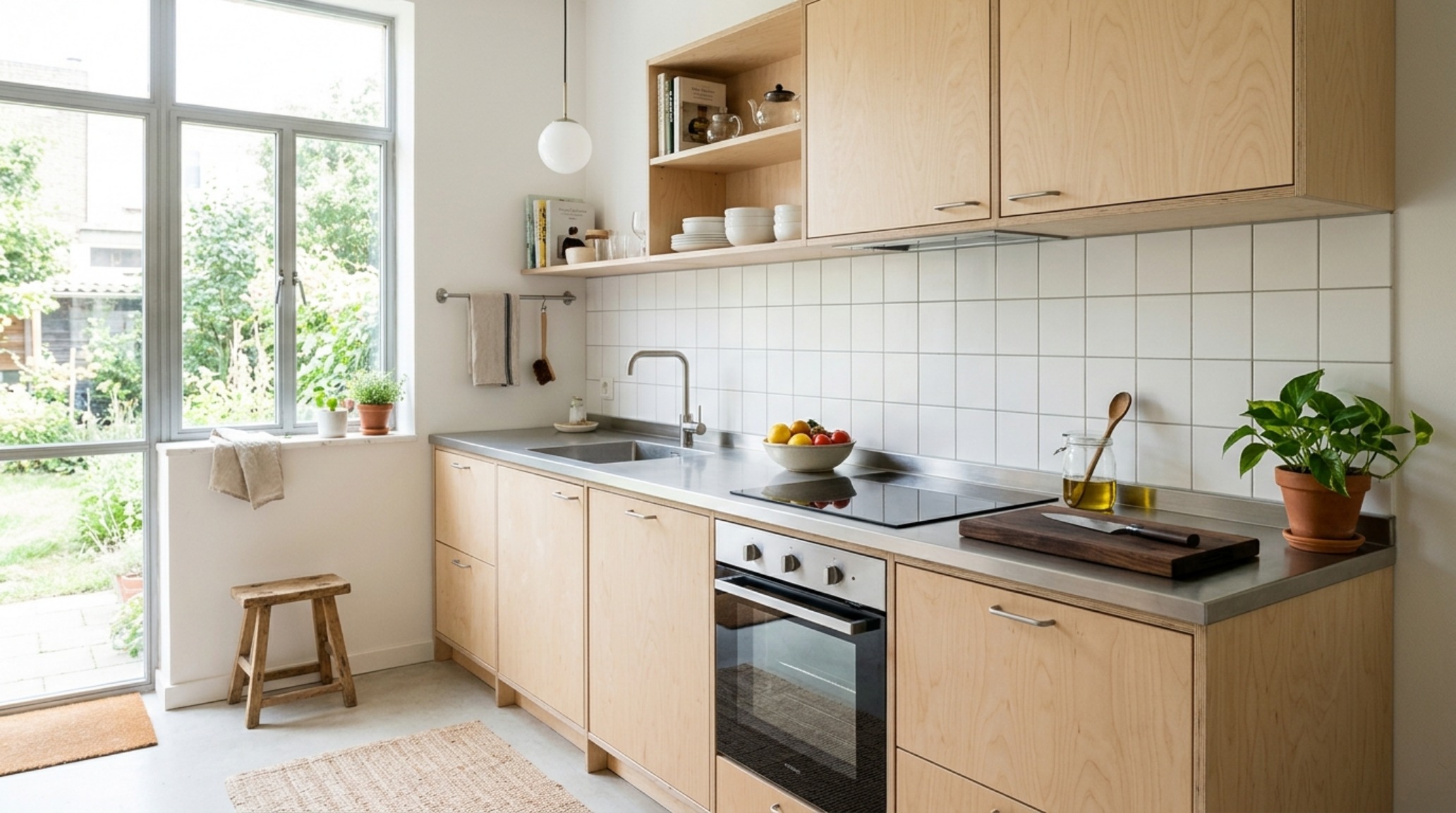 Modern kitchen design for small spaces with brushed stainless steel countertops and open birch plywood shelving with minimalist ceramic styling.