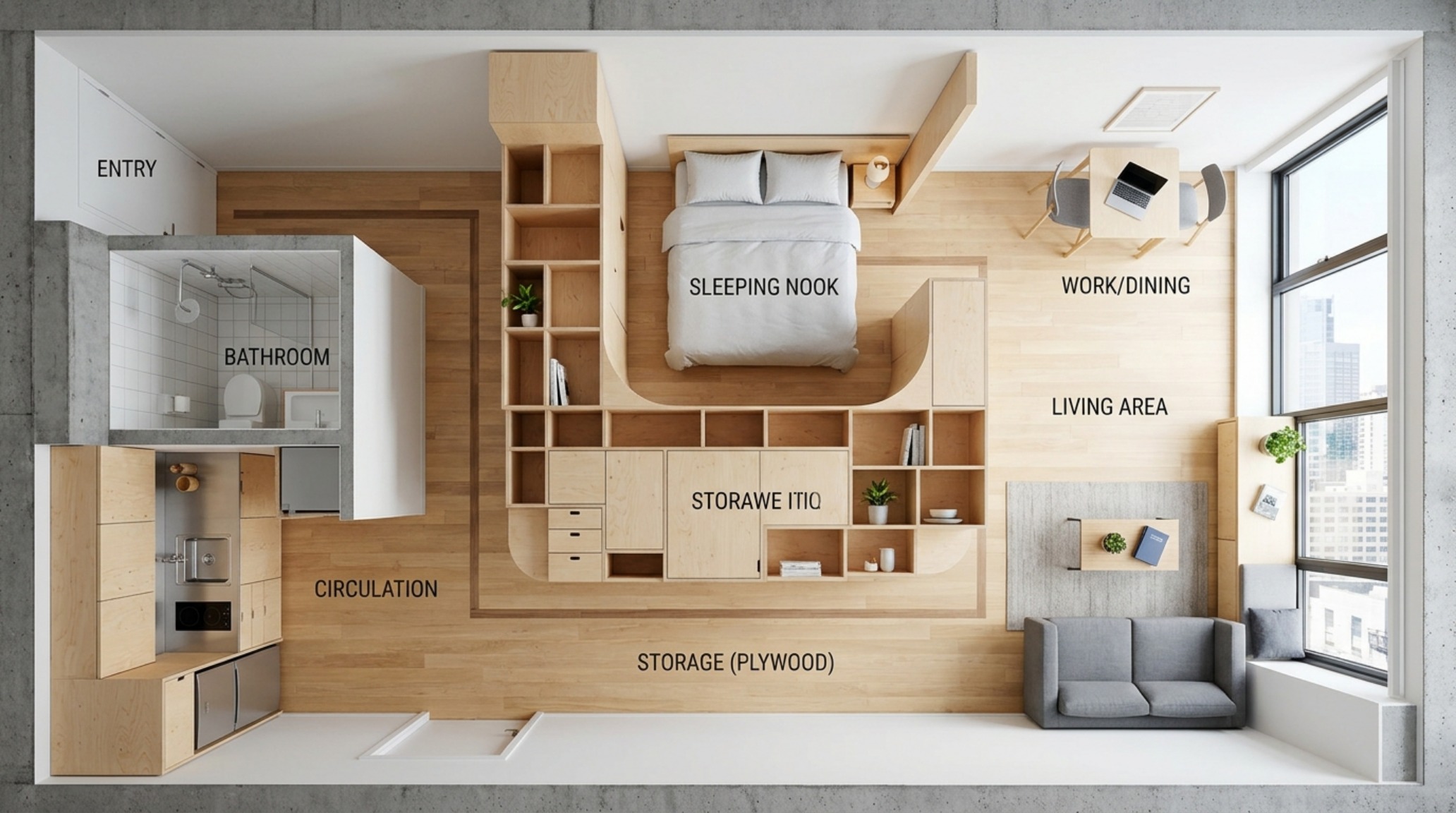 Top-down view of a 300 sq ft apartment furniture layout showcasing efficient use of negative space and clear 36-inch walkway clearances.