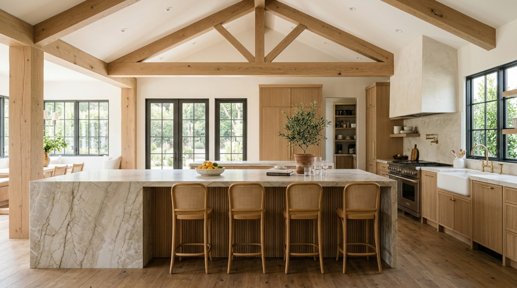 A massive 10-foot kitchen island with Taj Mahal quartzite waterfall edges and fluted white oak cabinetry under vaulted ceilings.
