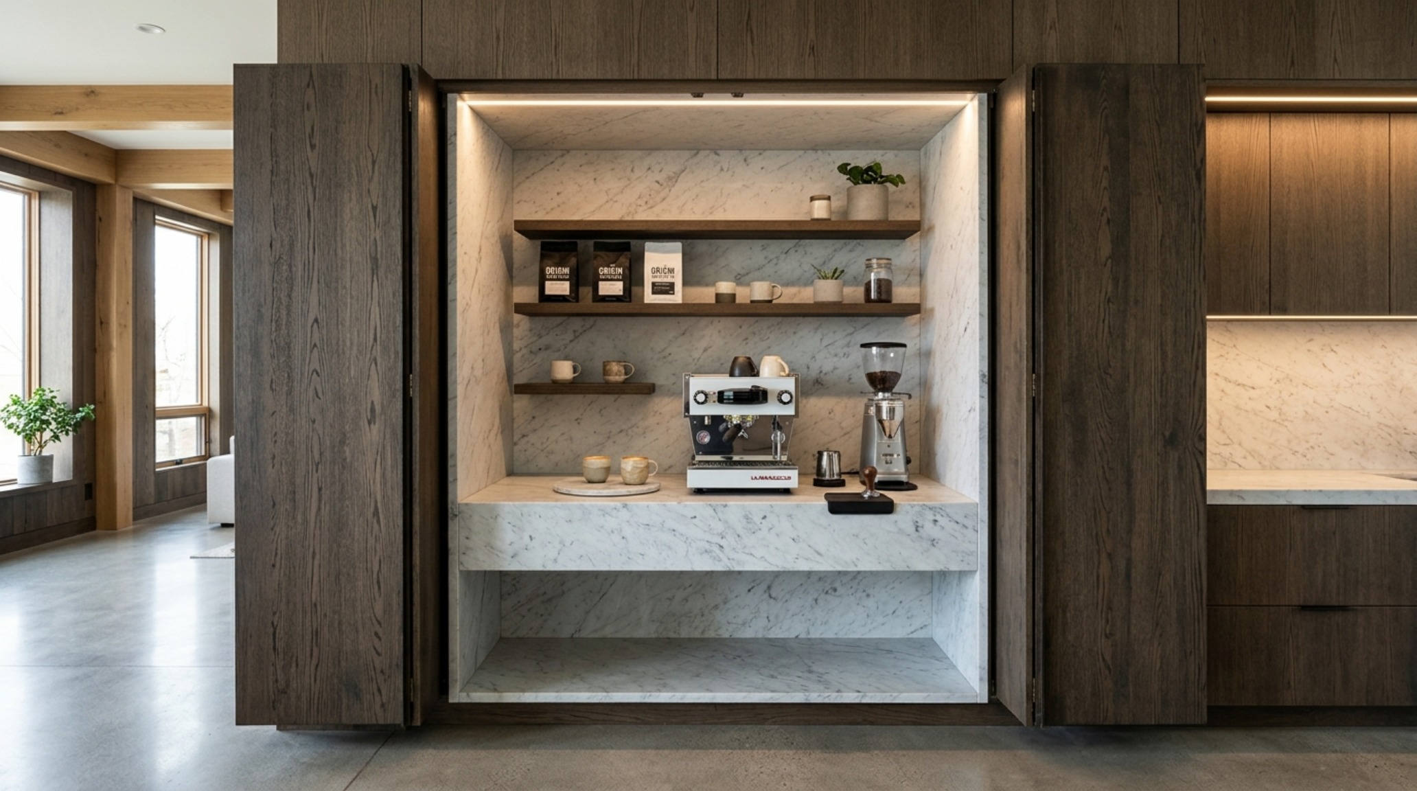 A coffee station integrated into a kitchen wall with pocket doors and honed marble backsplash in a Sarah Baeumler aesthetic.