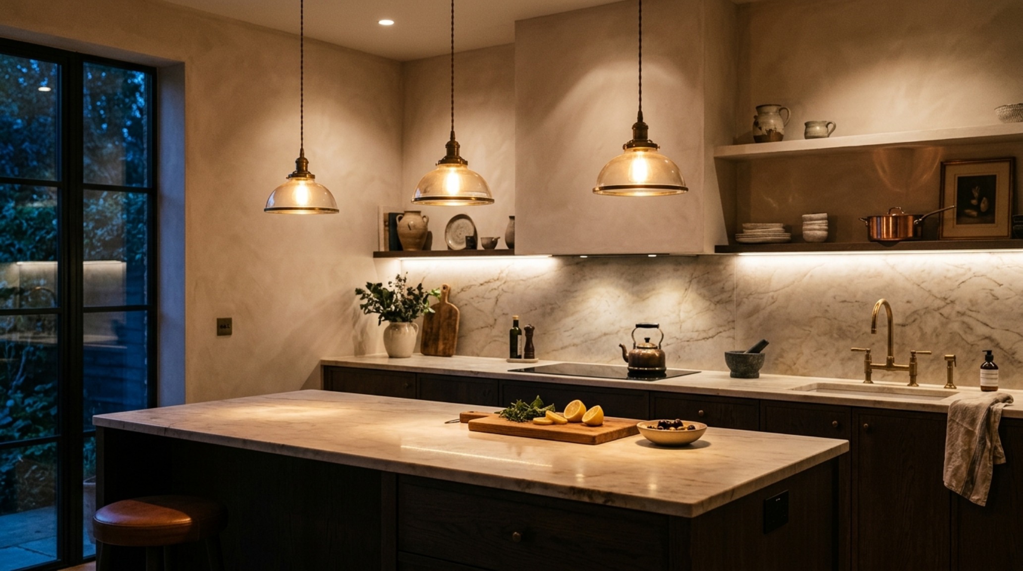 Evening shot of a luxury kitchen showing the effect of 3000K task lighting on a textured plaster backsplash.